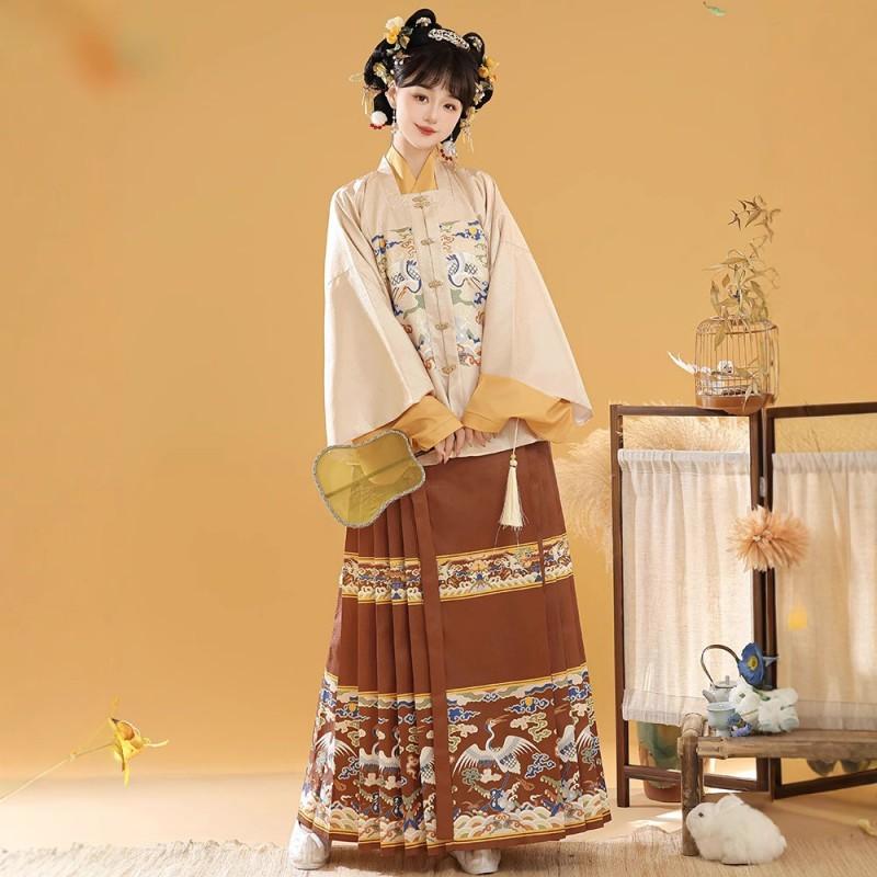 Traditional Chinese Ming Dynasty Style Hanfu Set: Floral Jacquard Square Collar Short Sleeve Jacket Horse Face Skirt Women
