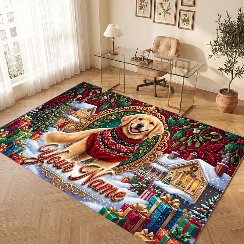Christmas Theme Soft Crystal Velvet Rug Custom Name & Text Print Non Slip Floor Rug for Bedroom Living Room