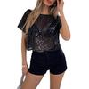 Women T-shirt Round Neck Short Sleeve Shiny Sequins Tee Shirt Loose Fit Hollow Design Casual Breathable Tops