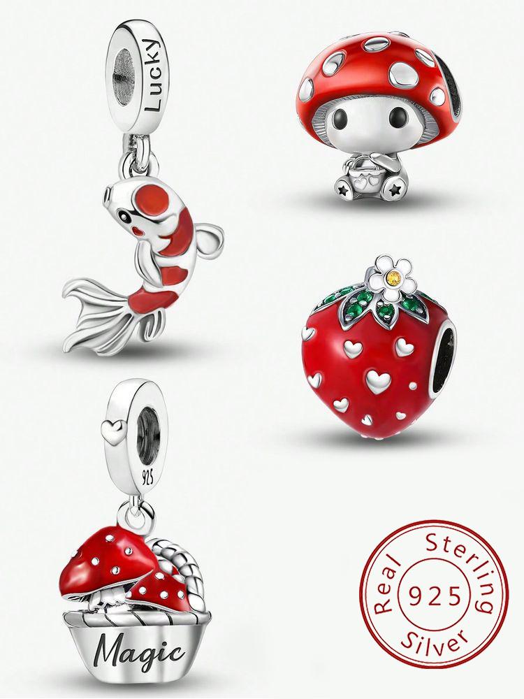 925 Silver Strawberry Koi Mushroom Charm Bead Fit Original Pan Bracelet Bangle High Quality DIY Jewelry For Womens