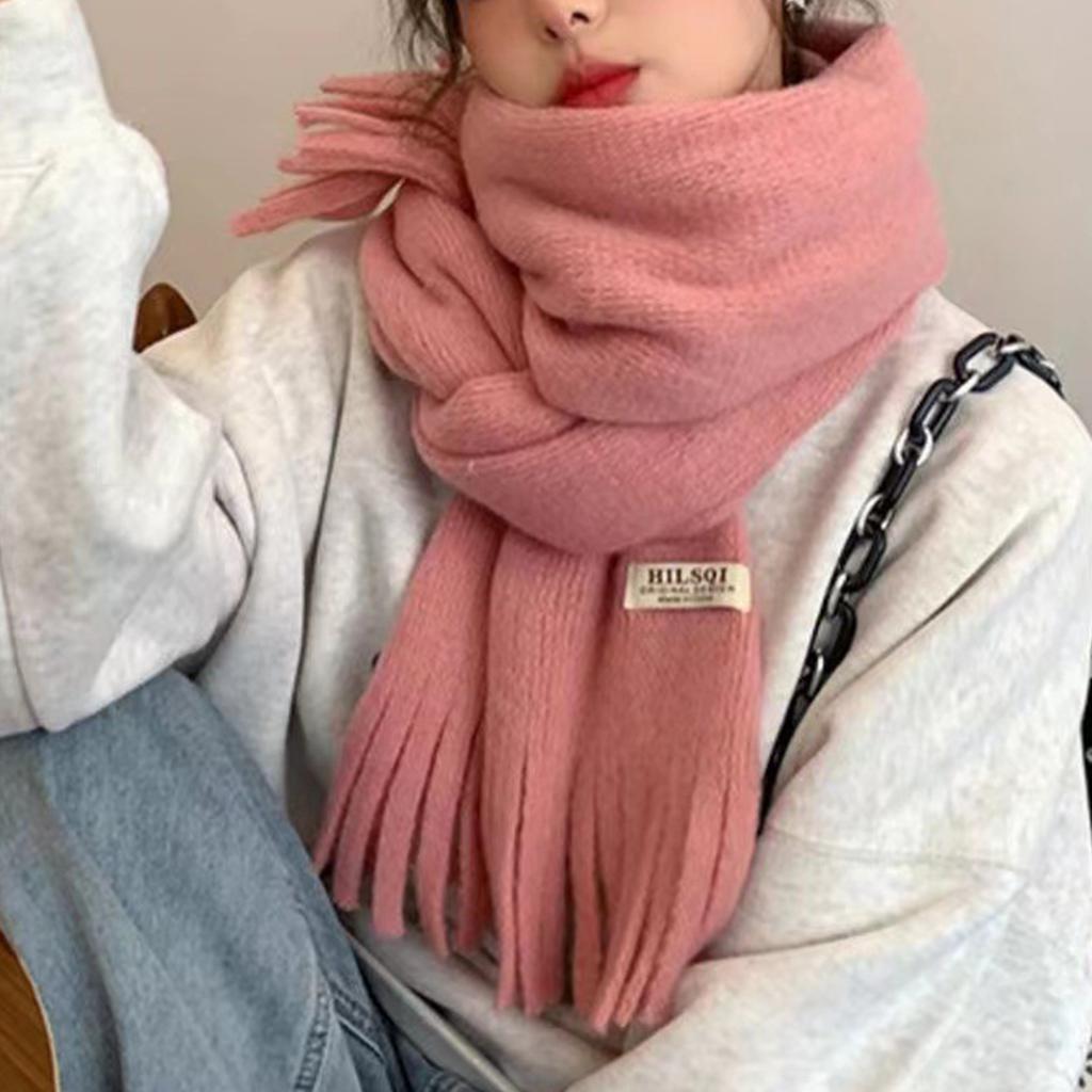 Winter Scarf For Women Sweet Pink Warm Shawls Wraps Female Thick Knitted Soft Long Tassel Shawl Neckwrap Solid Neckerchief