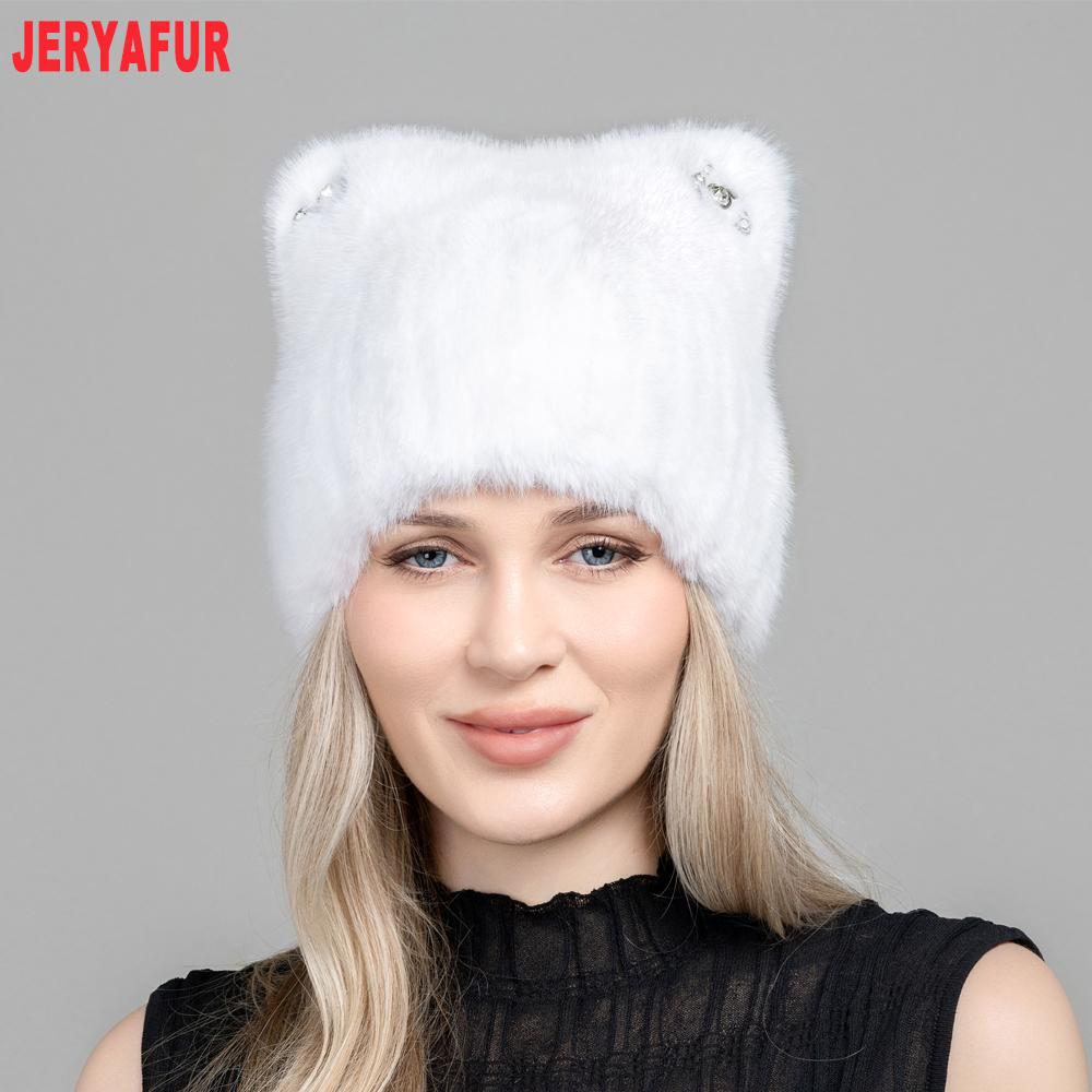 JERYAFUR Женская зимняя шапка с ушками кошки из искусственного меха, милый пушистый теплый модный женский колпак со стразами для холодной погоды