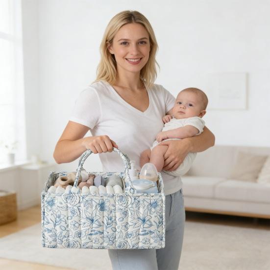 Цветочная стеганая сумка для подгузников Тканевая корзина для хранения Цветочный органайзер для детских подгузников с ручками и съемными перегородками для детской комнаты, автомобиля, спальни