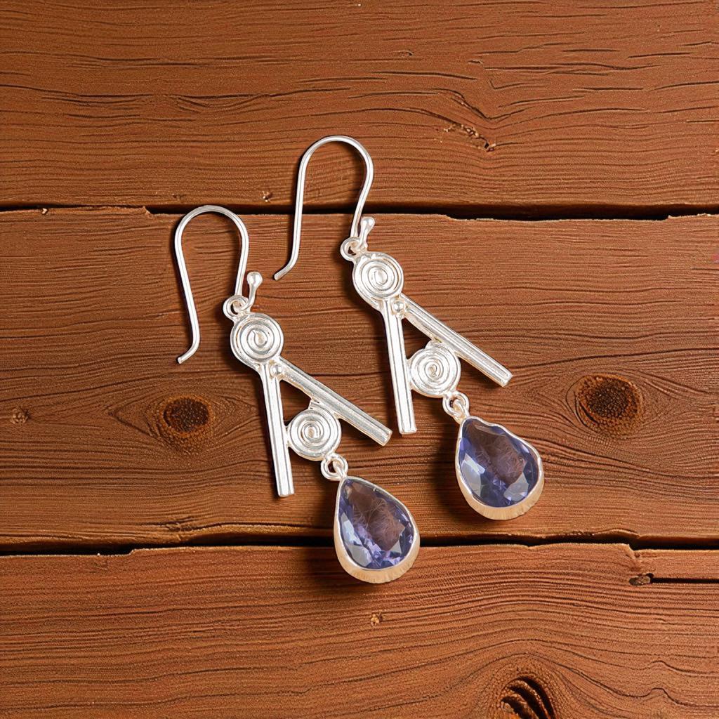 Iolite Gemstone 925 Sterling Silver Jewelry Handmade Drop/Dangle Earrings 2.4" EE-86-7
