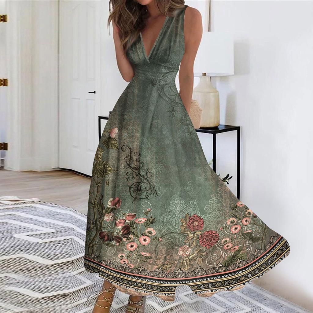 Женские летние модные повседневные платья без рукавов с цветочным принтом и V-образным вырезом
