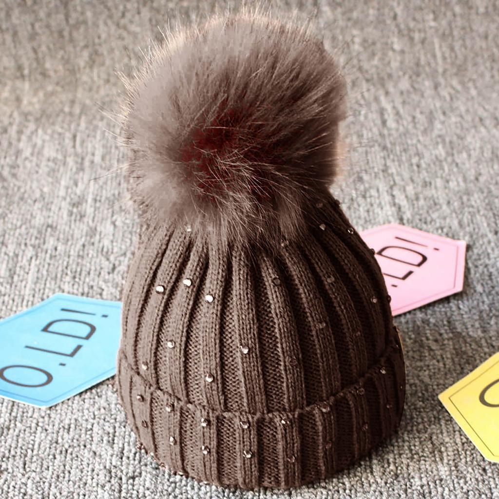Детская теплая зимняя шерстяная вязаная шапка с шерстяной окантовкой в ​​горошек