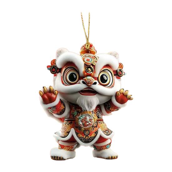 Yousheng Car Pendant with Metal Chain Lion Dance Design Plush Fabric Car Charm Keychain Bag Accessory Good Fortune Decoration