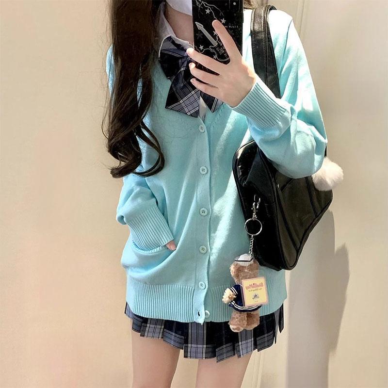 Preppy Style Jk Uniform Cardigan Sweater Japanese Style Women V-Neck Knitted Elastic Solid Slim Long Sleeve Harajuku Casual Coat