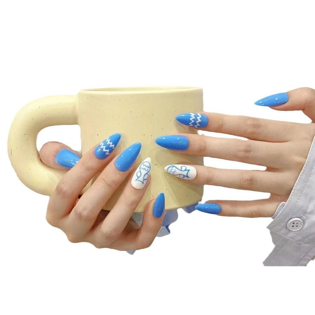 HANDMADE Artificial Nail Zodiac Sign - Aquarius Almond Hand Painted Blue Phototherapy Nails Fake Nails Reusable and Removable Nails