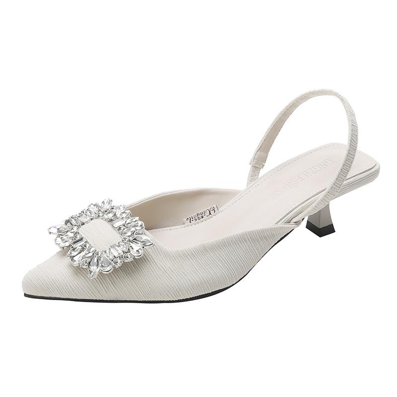 Красные босоножки на высоком каблуке женская летняя обувь 2025 новая остроносая с открытой пяткой женская обувь стразы квадратная пряжка шпилька