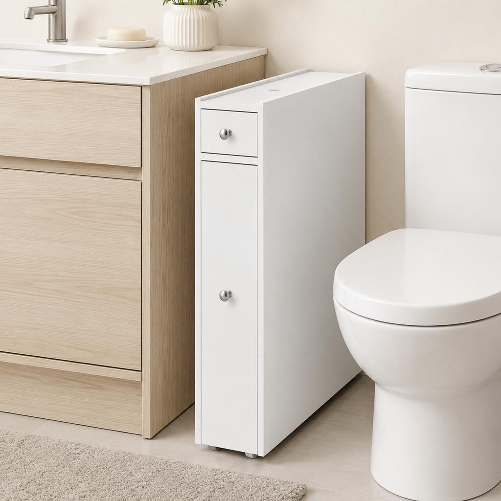Narrow Bathroom Cabinet, Freestanding Bathroom Cabinet with 2 Drawers, White