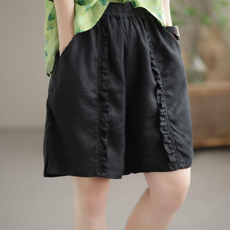 Summer Women's Shorts Casual Pants Loose Retro Pleated Women's Cotton Linen Elastic Waist Pants