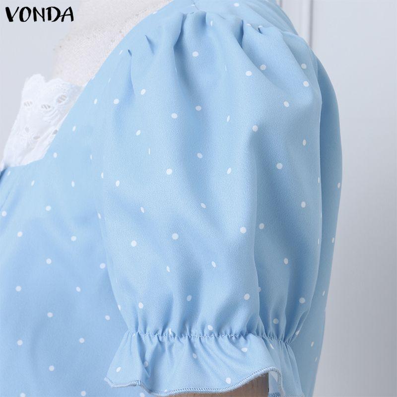 VONDA Женское повседневное мини-платье с квадратным вырезом, короткими рукавами-буфами, бантом и принтом в горошек