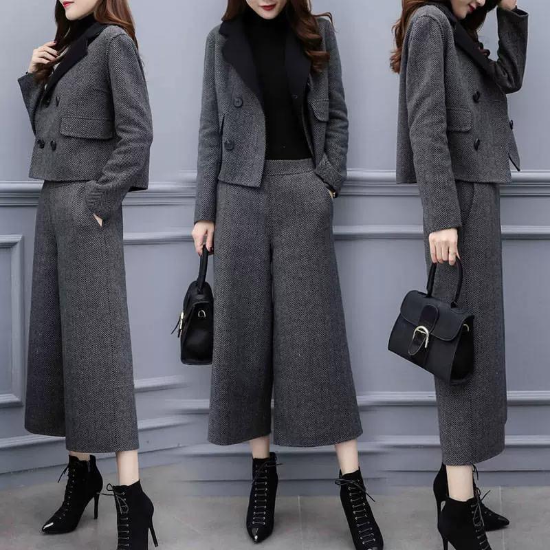 Women's Autumn and Winter Two-piece Pants Herringbone Woolen Coat Wide-leg Pants Casual Fashion Suit Women's Trend