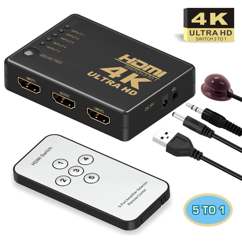 HDMI-коммутатор GANA, селектор распределителя, 5 входов, 1 выход, 4Kx2K, 1080p, 3D-видео, аудиовыход, совместимый с USB-кабелем питания с пультом дистанционного управления