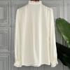 Весенне-осенняя элегантная блузка из искусственного шелка, женская новая однотонная повседневная блузка, свободный белый топ с воротником-стойкой и рюшами, топ с длинными рукавами