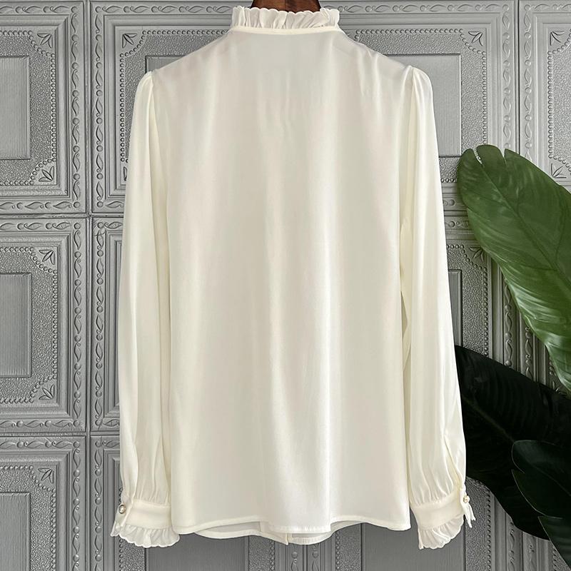 Весенне-осенняя элегантная блузка из искусственного шелка, женская новая однотонная повседневная блузка, свободный белый топ с воротником-стойкой и рюшами, топ с длинными рукавами