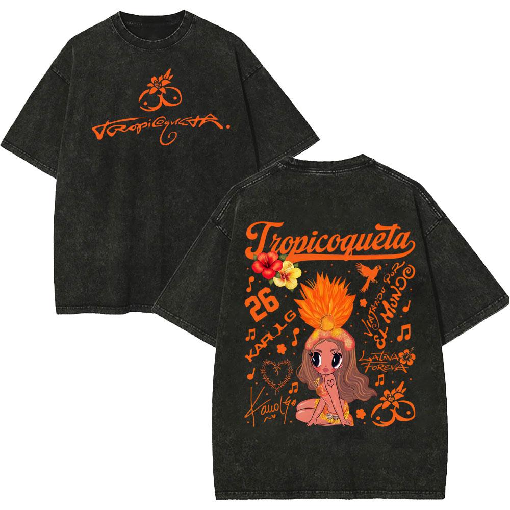 Vintage Washed Karol G Tropicoqueta Tour 2026 Tshirts Men Women Fashion Pop Music T Shirt Summer Casual Loose Cotton Tshirt