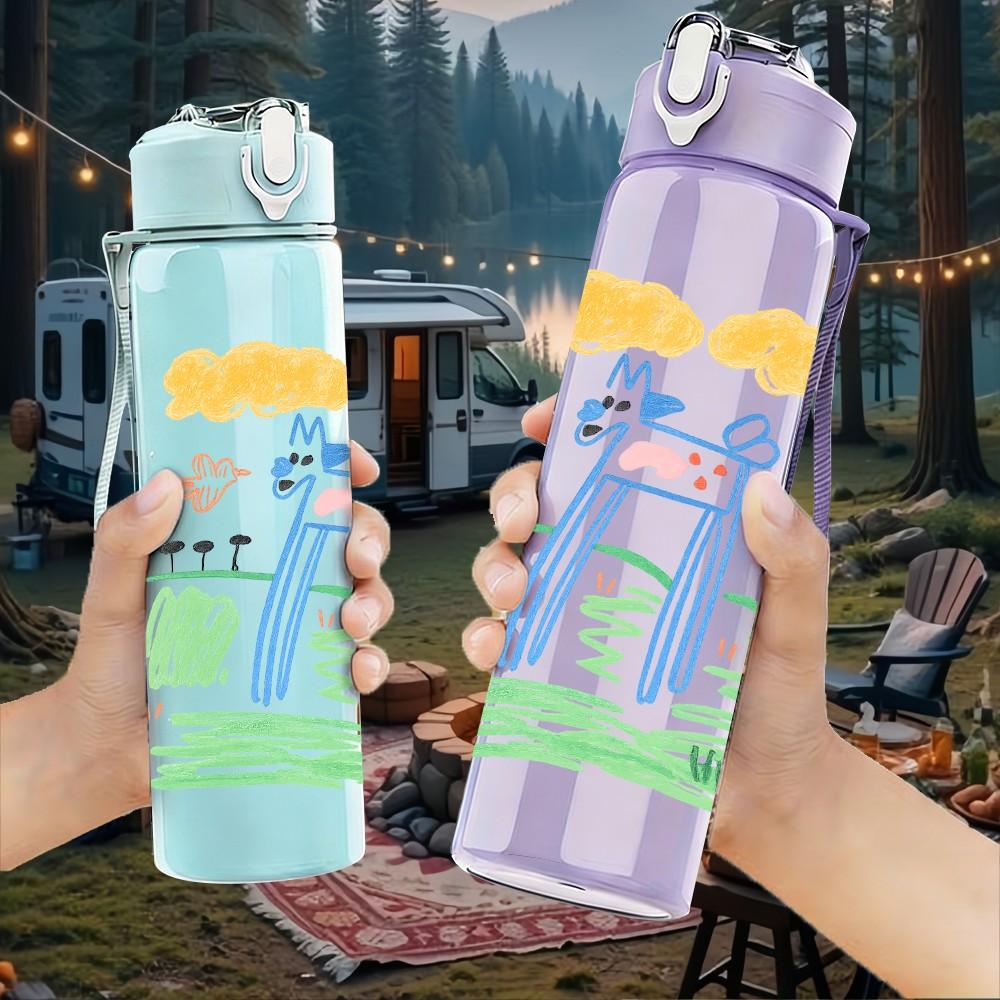 1PC Simple Children Drawing Layout 750ml Color Plastic Sports Water Bottle Leakproof Flip Straw Lid For Sports Office Home Use