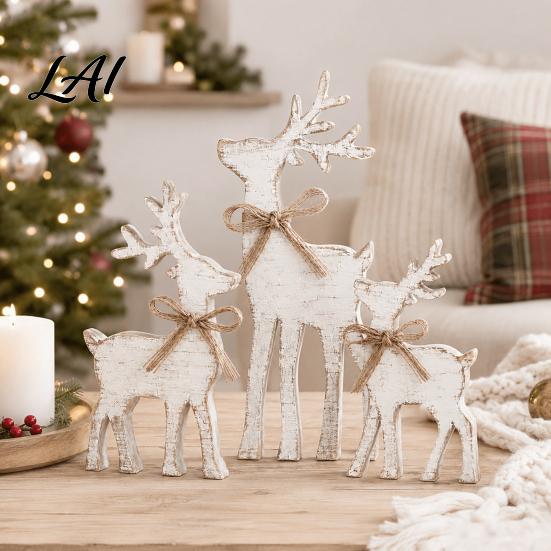 Seasonal Home Decor 3Pcs/Set Wooden Christmas Elk Table Sign Rustic Reindeer Family Tabletop Decoration Handcrafted Sign Jute Rope Bow Centerpiece