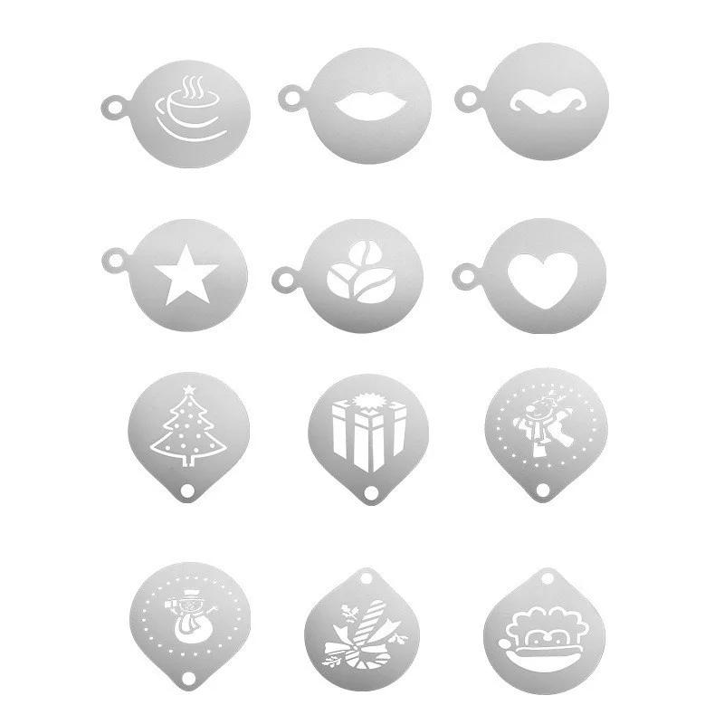 12pcs Stainless Steel Cafe Foam Template Barista Stencils Mold Coffee Art Needles Latte Garland Needle Powder Sprinkle