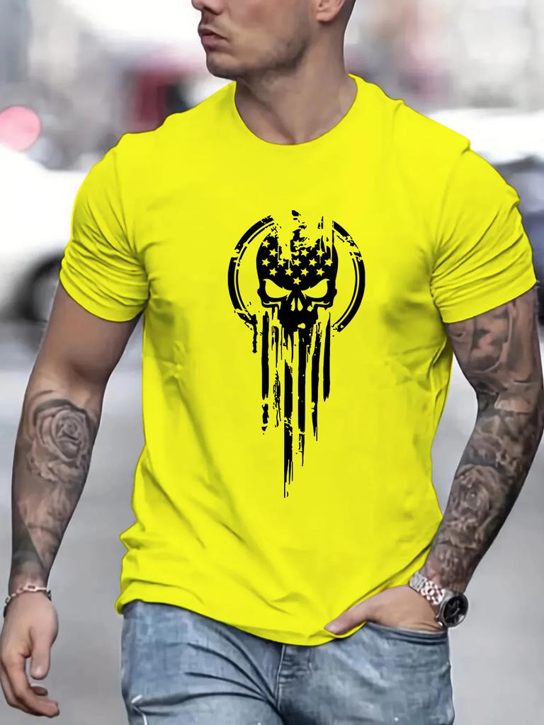 Men's Summer Loose Size 100% Cotton Skull Print Casual Slim Fit Round Neck Short Sleeve T-shirt Top O-neck Pactwork Casual T