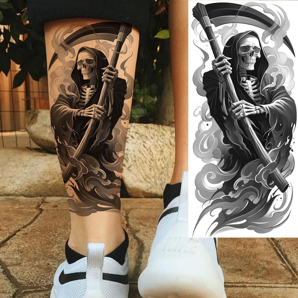 1 Sheet Scary Grim Reaper Skull Temporary Tattoos Halloween Tatoos Long Lasting Waterproof Tiger Wolf Beast Fake Tattoo Stickers