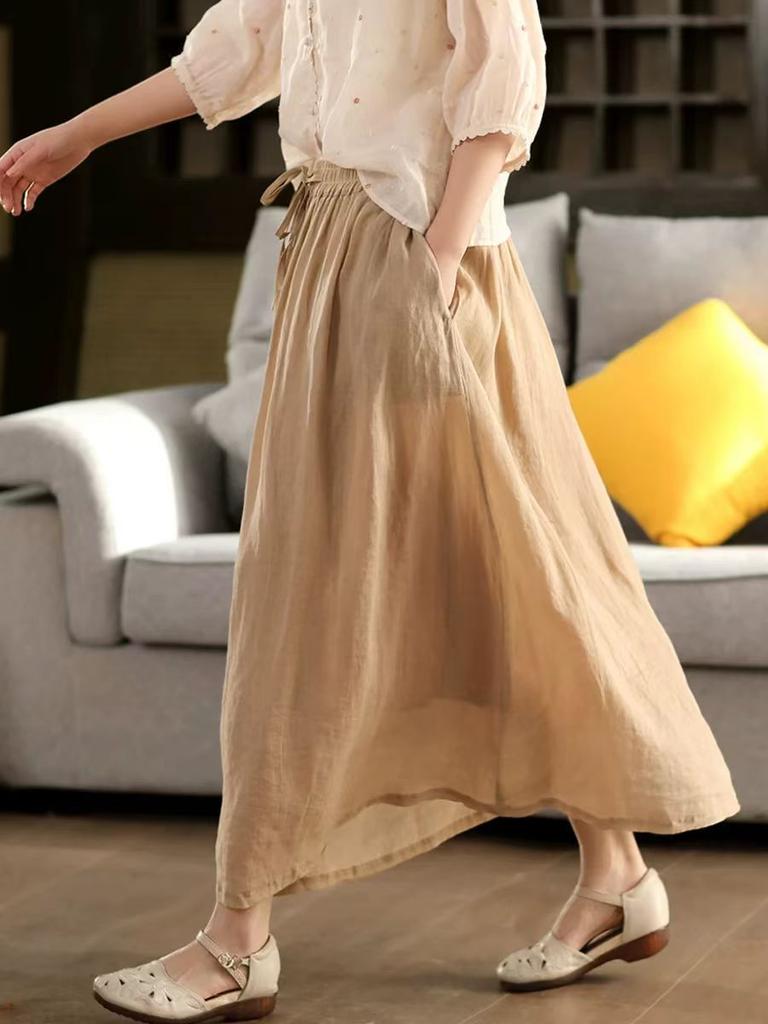 Johnature Женские винтажные лоскутные юбки однотонные с эластичной талией летние свободные тканевые юбки с поясом