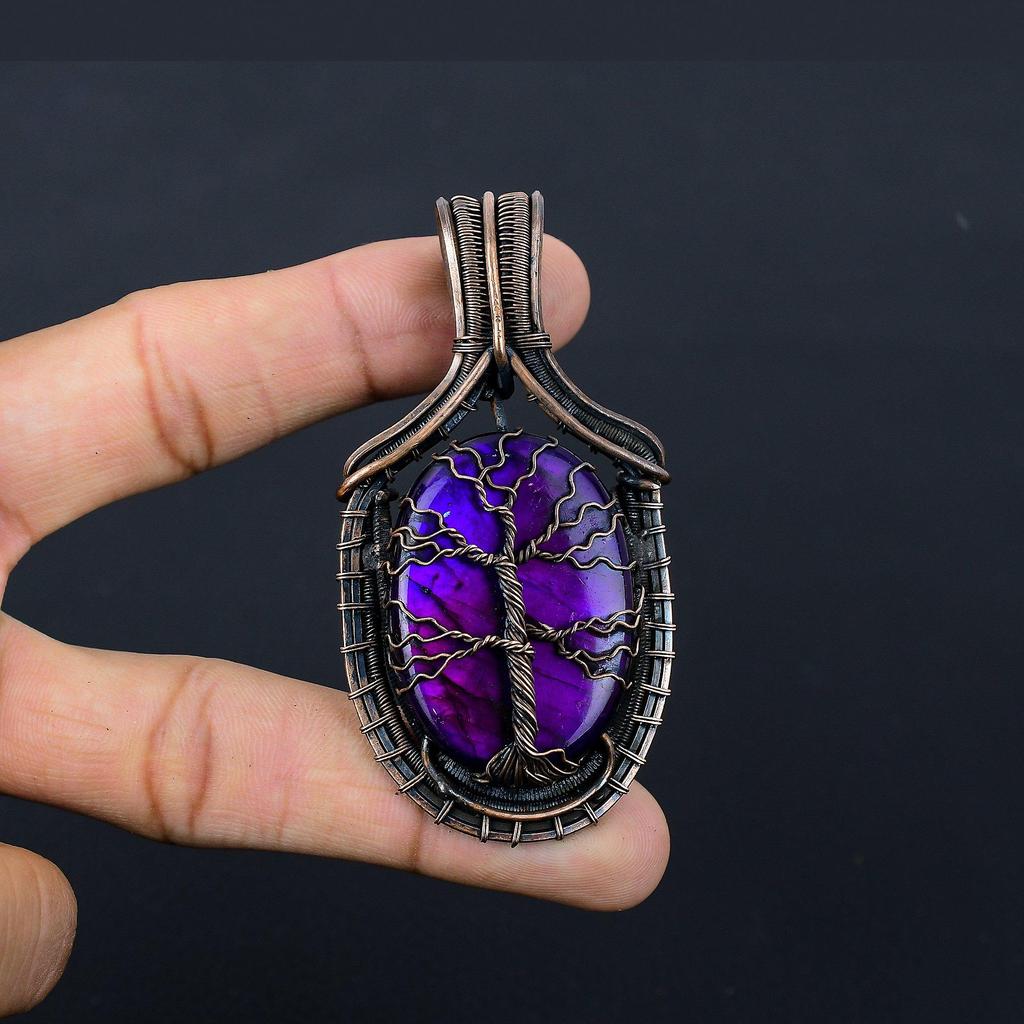 Красивое Древо Жизни Фиолетовый Флэш-Лабрадорит Драгоценный Камень Чистая Медная Проволока Обернутая Подвеска Ручной Работы Ювелирные Изделия