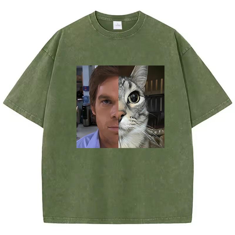 Модная футболка Винтажная стираная хлопковая футболка с принтом кота из фильма Повседневная уличная одежда Весенне-летняя одежда