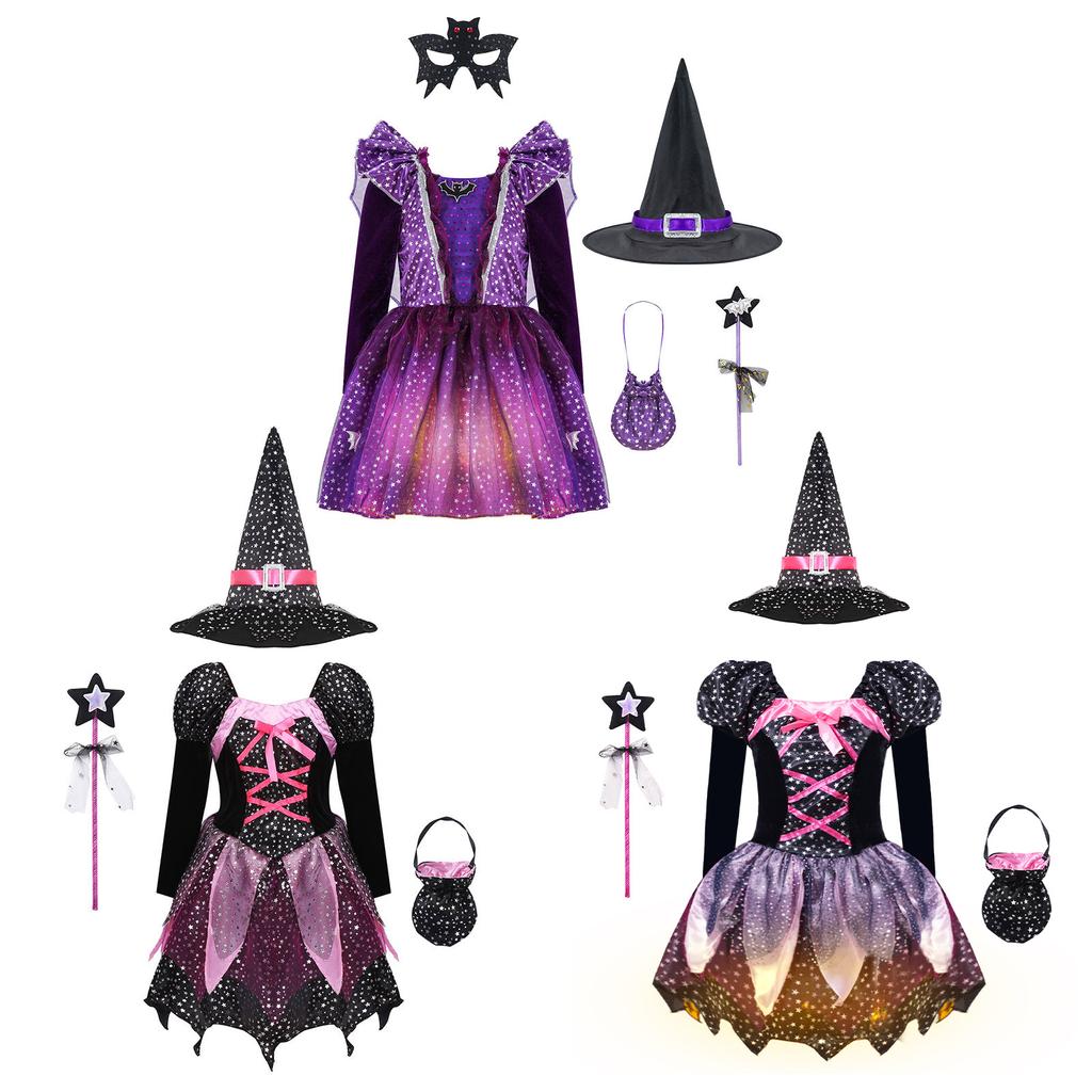 Kids Girls Witch Costume Cosplay Party Fancy Dress Up Tutu Dress with Pointed Hat Wand Candy Bag Outfits