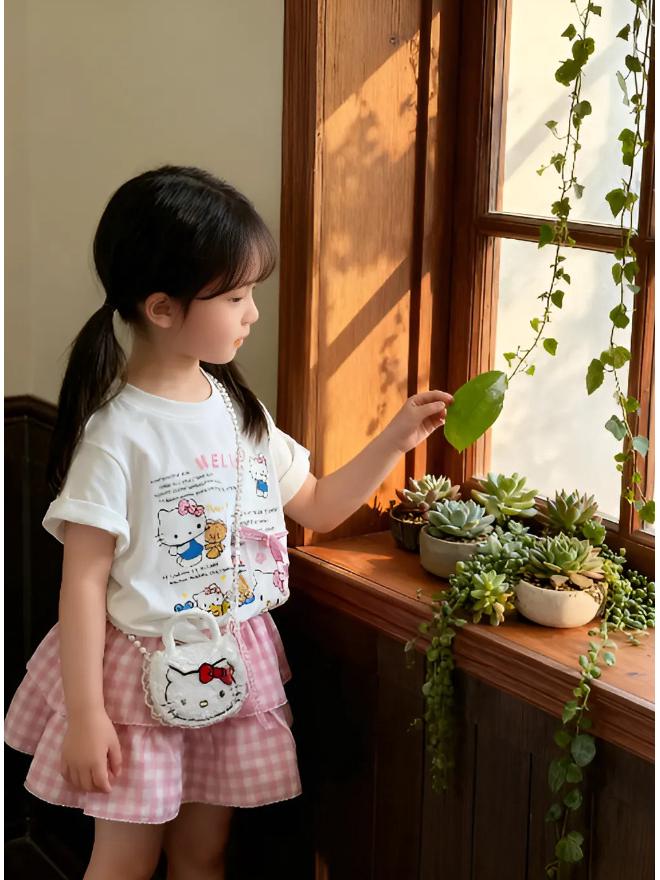 Корейский летний милый набор с принтом кошки, клетчатая короткая юбка и топ с коротким рукавом, 2025