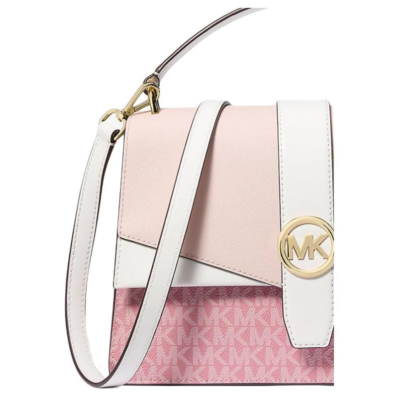 MICHAEL KORS Greenwich Signature Logo Coated Canvas Shoulder Crossbody Tote Medium Women's White with Pink