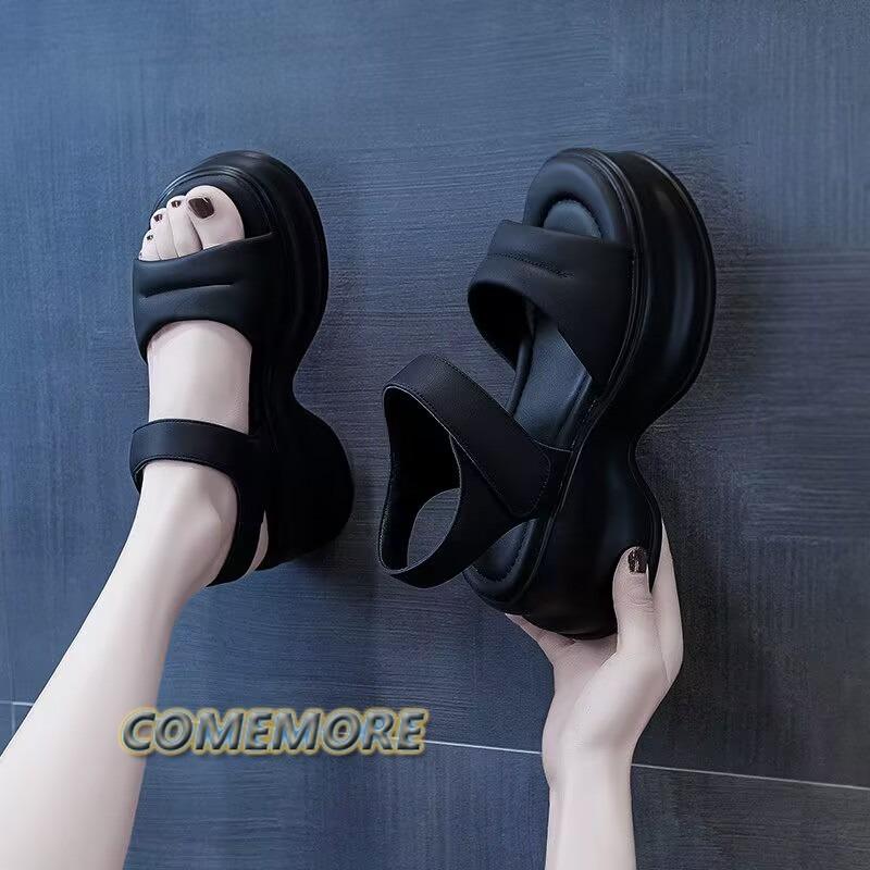 Модные летние повседневные туфли с открытым носком и толстой подошвой на платформе, женские сандалии в спортивном стиле, пляжные с круглым носком, нескользящие, 2024 г., белые