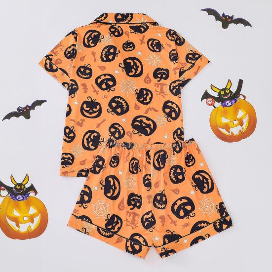 Комплект женской пижамы на Хэллоуин с принтом призрака и тыквы, рубашки с коротким рукавом на пуговицах и шорты, комплект одежды для сна из 2 предметов, домашняя одежда, короткий комплект пижамы
