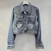 Модная женская джинсовая куртка 2026 года с отделкой стразами, отложным воротником и заклепками