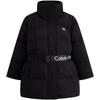 Jacquard Woven Belt Buckle Waist Cinching Stand Collar Duck Down Jacket Women Outerwear Space-Black J222497