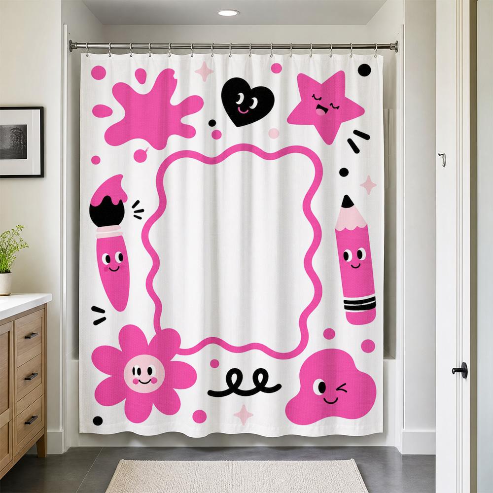 Cute Kawaii Cartoon Bathroom Shower Curtain Pink Fun Design for Kids Nursery Bathroom Decor