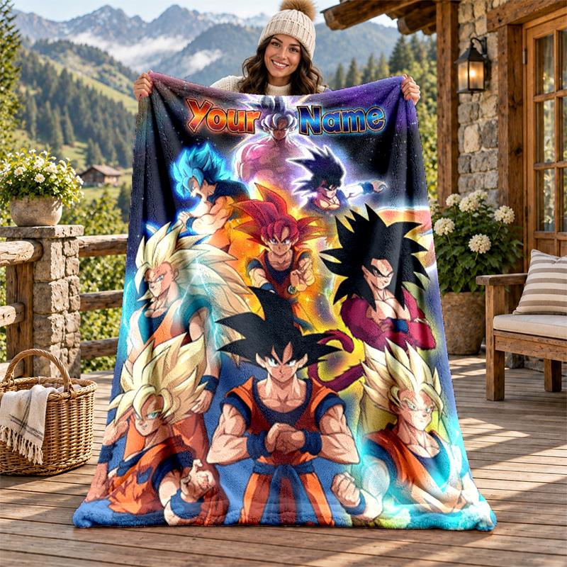 Dragon Ball Custom Name Flannel Blanket Personalized Soft Warm Plush Throw Blanket Customized Gift for Family Friends