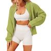 Women Knitted Short Coat Zipper Closure Round Neck Loose Fitting Long Sleeves Sweater Jacket Green