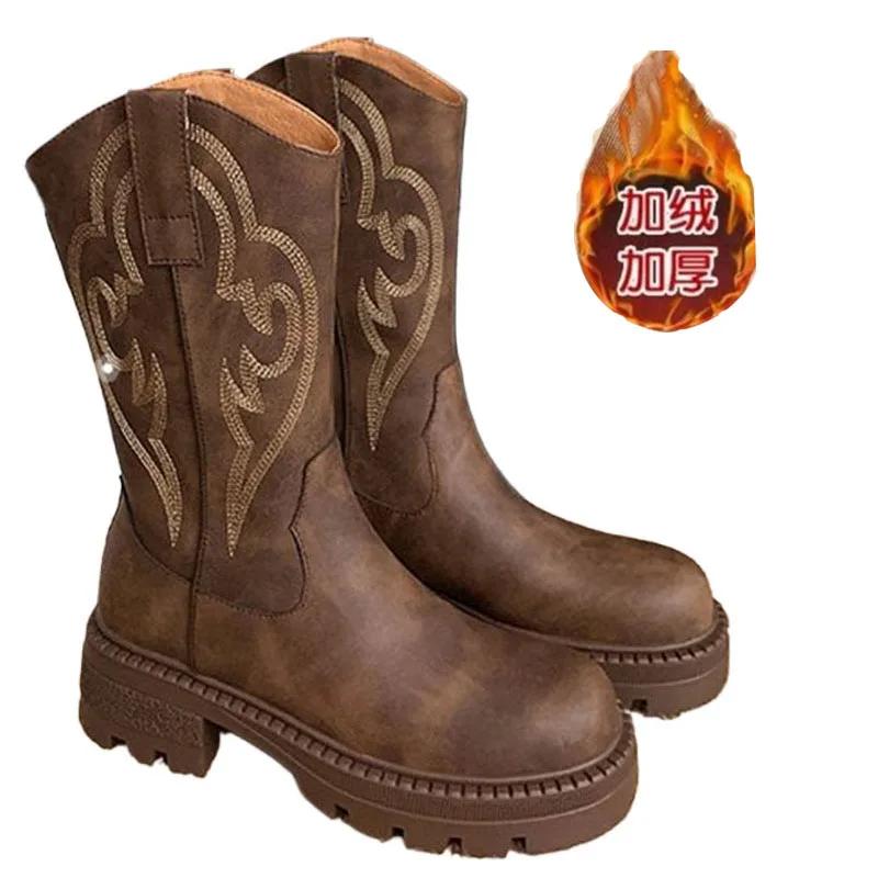 Fashion 2024 New Plus Plush Leather Western Mid Calf Boots Embroider Women Autumn Winter Ankle Boots Ladies Boots