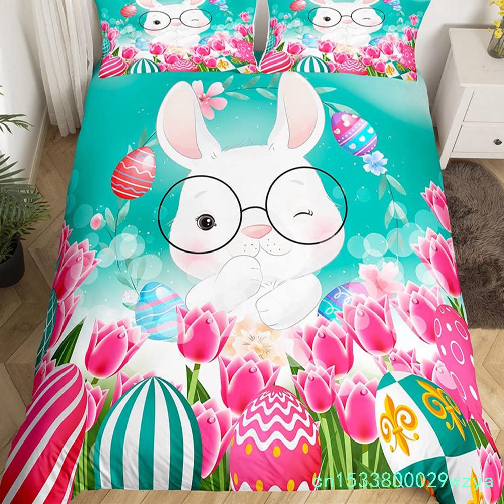 Cartoon Rabbit Duvet Cover Twin Cute Animal On The Moon Quilt Cover Microfiber Cloud Galaxy Space Bedding Set For Boy Girl Gift