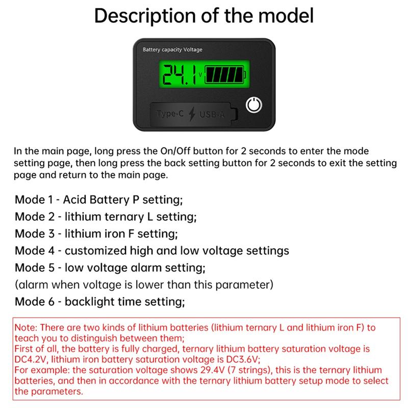 A96I-DC 8-30V LCD Digital Battery Voltmeter Capacity Indicator Lithium Acid Battery Voltage Tester Meter Tool Typec Output