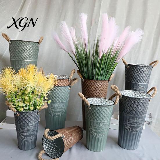 Large Open Mouth Bouquet Vase Vintage Metal Flower Buckets, Rustic Vases with Handles, Floral Containers, Wide Nostalgic Indoor Display Plant