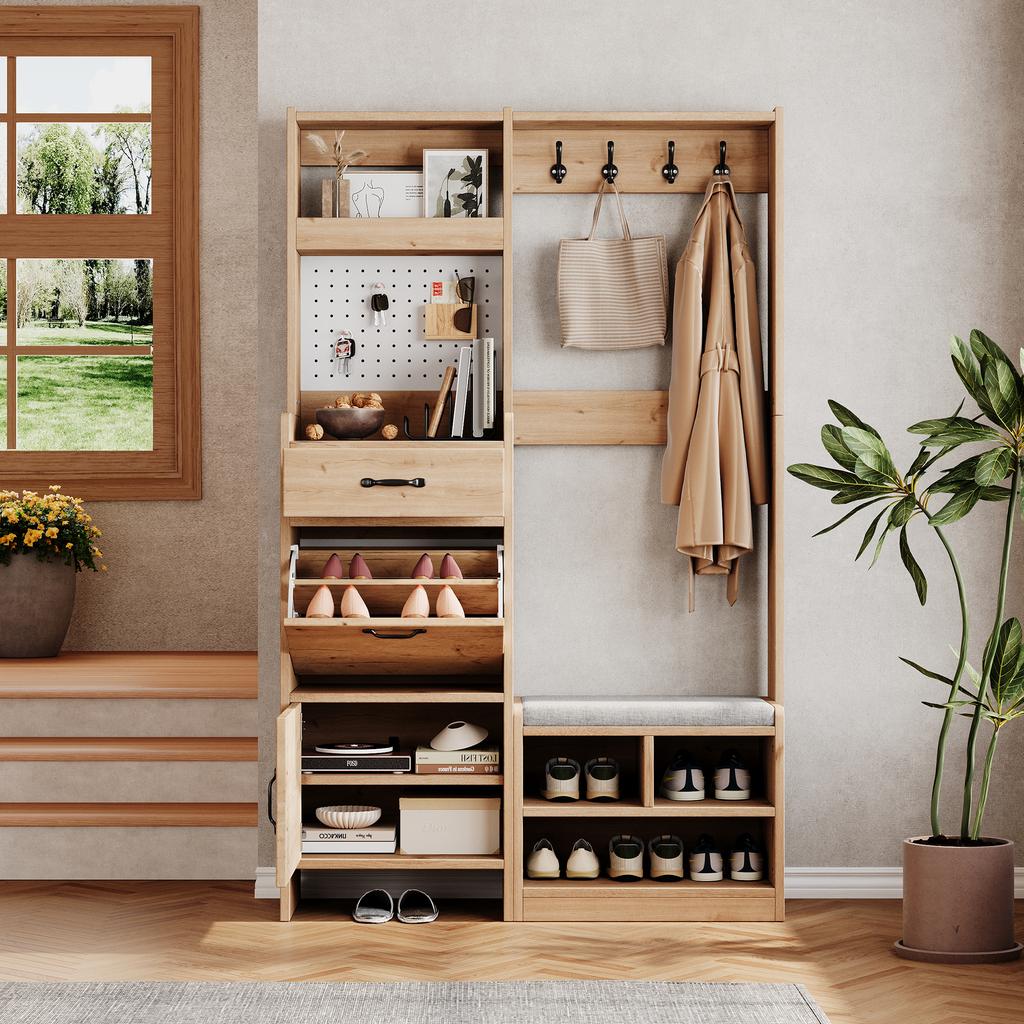 Wall Coat Rack, Hallway Coat Rack Set with Shoe Bench, Coat Rack Set with 4 Coat Hooks, 1 Drawer and 2 Doors, Natural, W108.5 x D35 x H180 cm