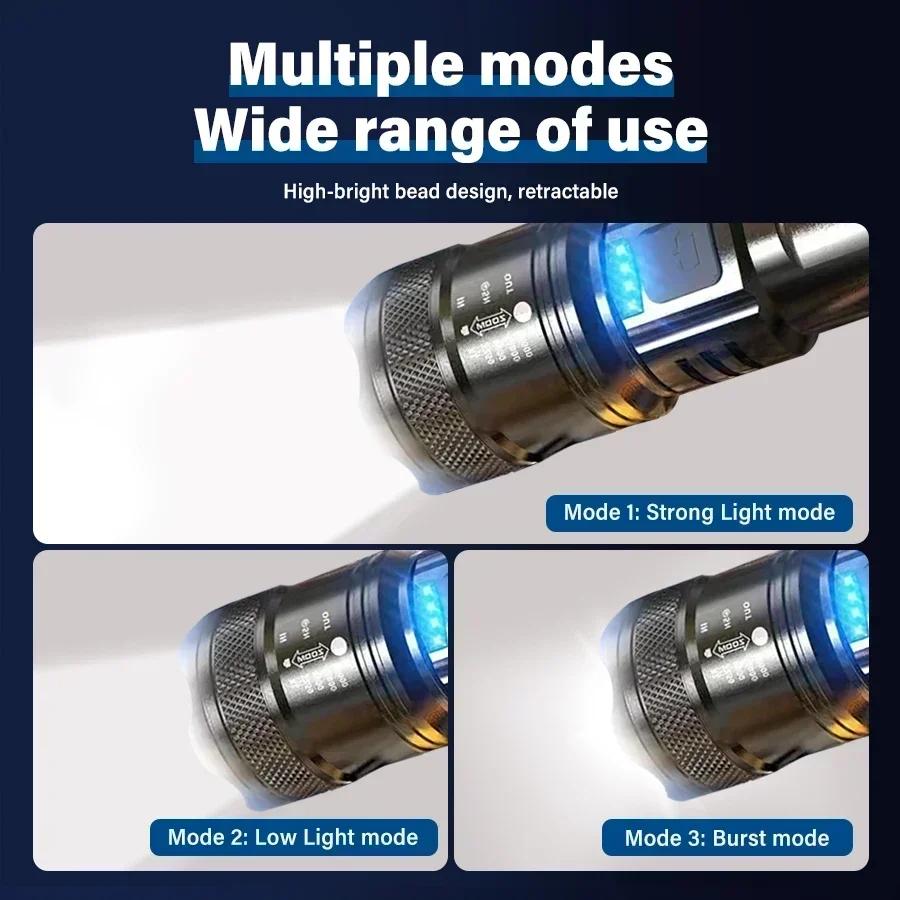 High Strong Power Led Flashlights Rechargeable Tactical Torch Safety Emergency Light for Outdoor Camping Fishing Working Zoom