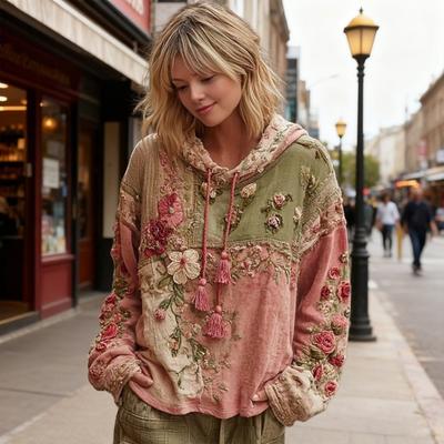 Женское винтажное богемное худи с цветочным принтом, повседневная толстовка с капюшоном и длинными рукавами и карманом, пуловер с принтом цветов оверсайз