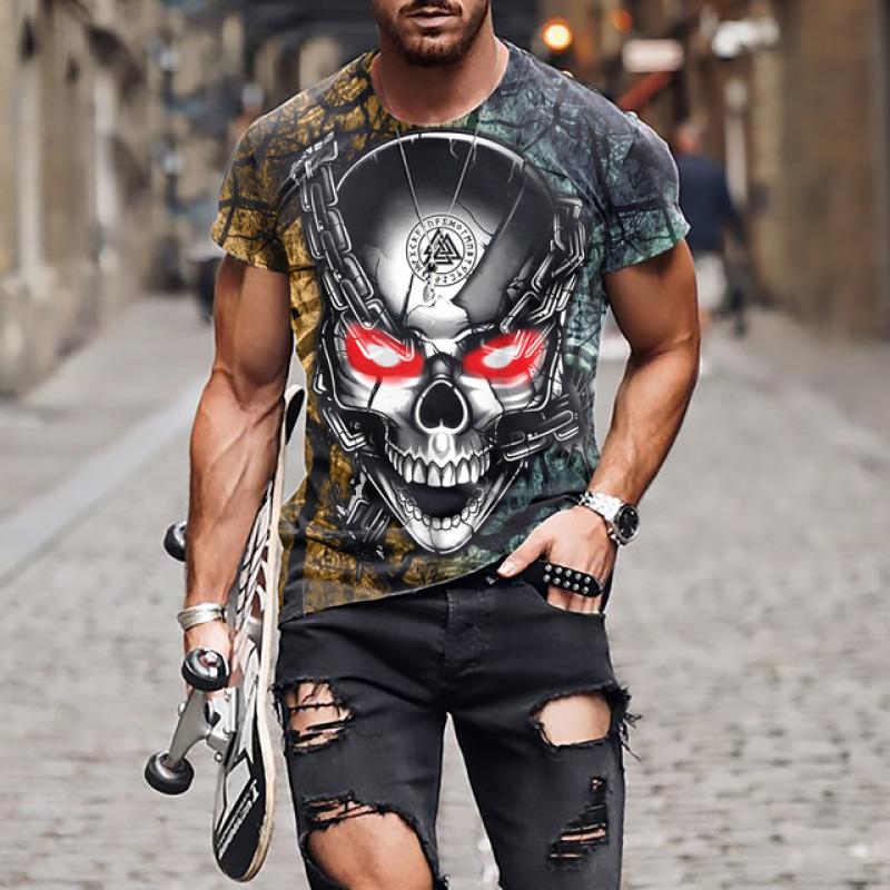 Мужская футболка со страшным черепом, футболка с 3D принтом черепа, мужская футболка большого размера с короткими рукавами, панк-топ, мужской костюм смерти
