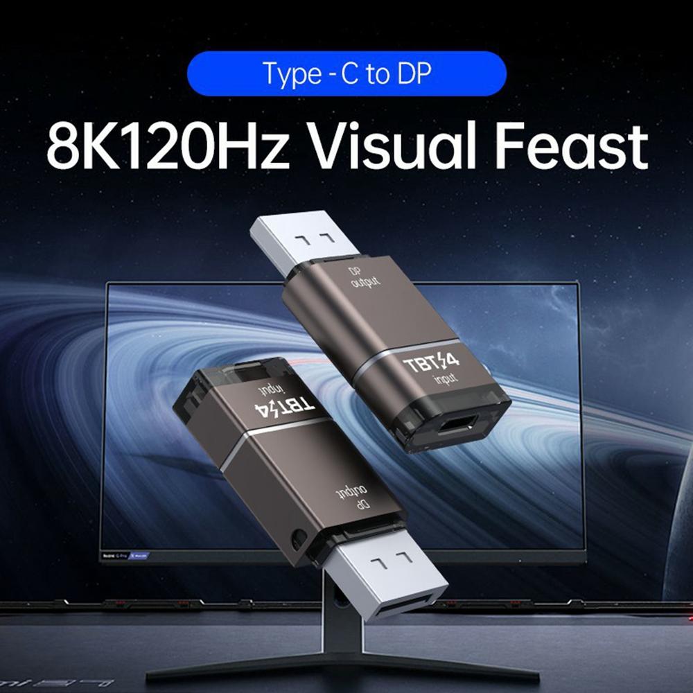 DP to Thunderbolt 3/4/5 Type-C Adapter 8K/120Hz Wired Screen Mirroring for Monitors Audio Sync Plug and Play