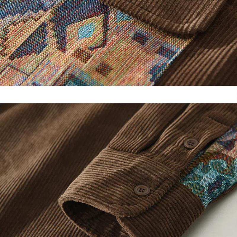 Рубашки с длинным рукавом в японском стиле в стиле ретро для мужчин, свободная вельветовая рубашка на осень и зиму, повседневные рубашки из чистого хлопка с двойными карманами и принтом